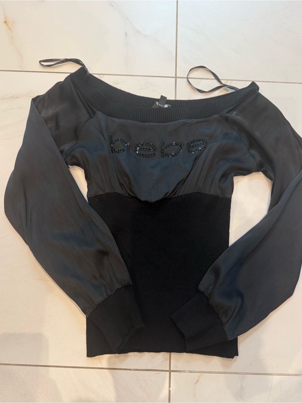 bebe Black Off-Shoulder Long Sleeve Top with Embellished Logo